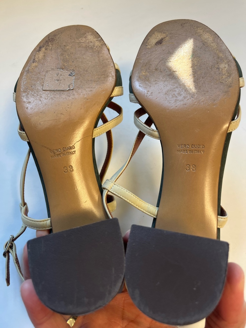 Michel Vivien Forest Green & Cream Suede Block Heel Cutout Sandals Sz. 38 - Picture 7 of 7